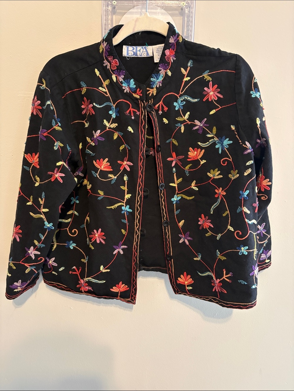 100% Cotton Floral Embroidered Black Jacket Button Closure Size PM